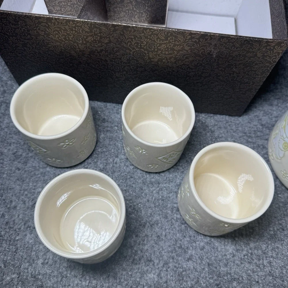 Porcelain Chinese Tea Set Gift Box‎ Kitten Floral Pattern W 4 Drinking Cups NEW